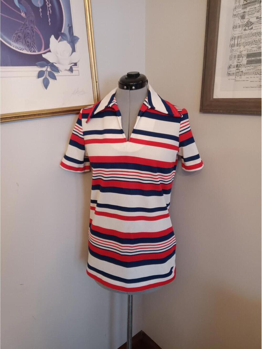 70s Vintage Top, Red White And Blue Collared V Neck Retro MCM Knit-Ins Shirt SzM